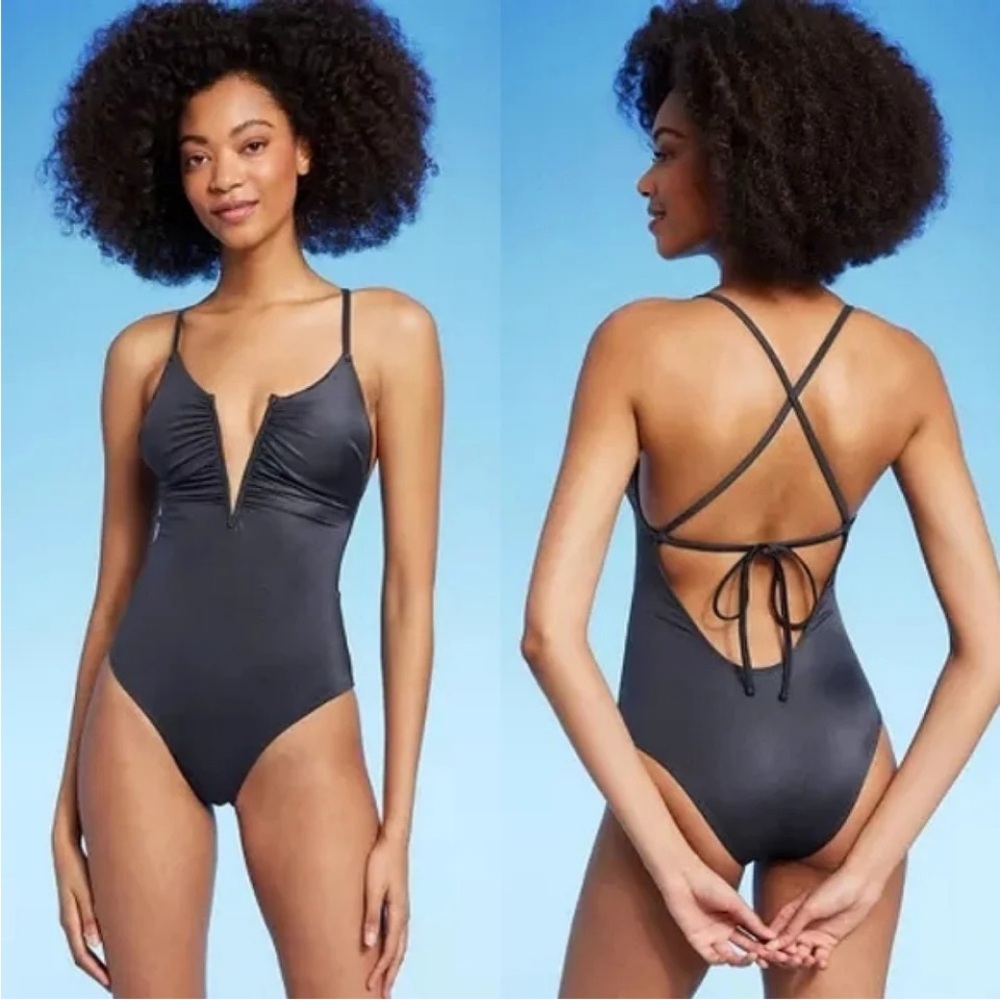 Shade & Shore Dark Gray One-Piece Swimsuit with Strappy Back